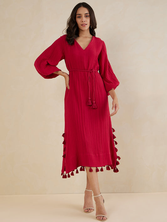 Red Tassel Detail Belted Maxi Dress