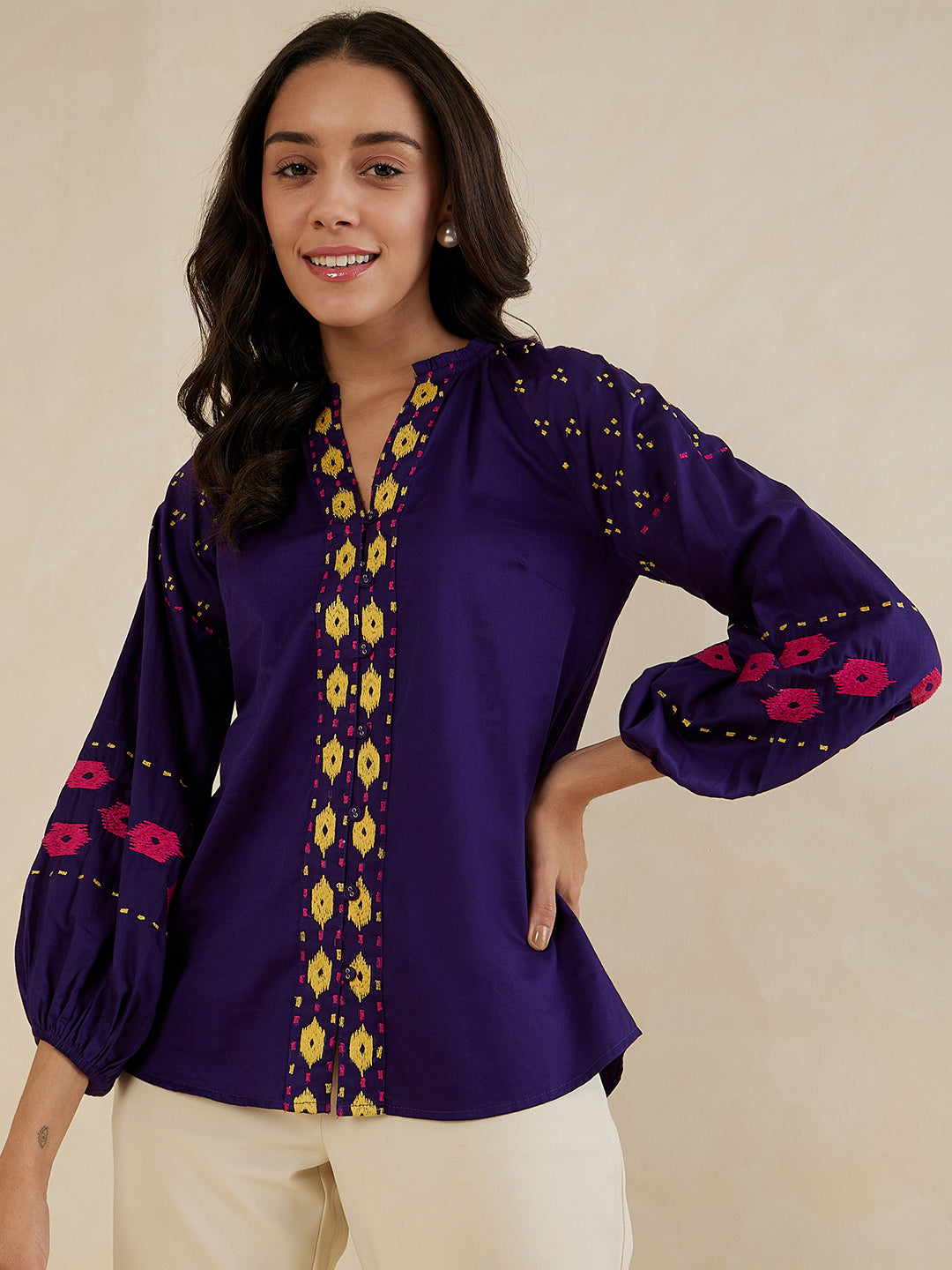 Purple Embroidered Cotton Top