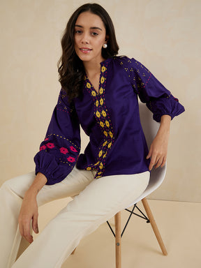 Purple Embroidered Cotton Top