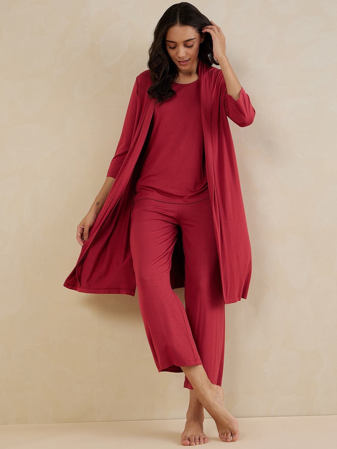 Brick Red Jersey Three Piece Loungewear Set