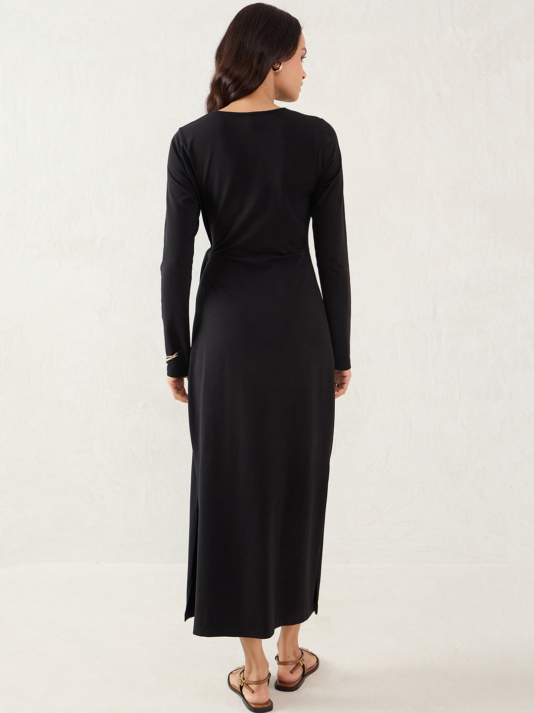 Black Cotton Knit Tie-Up Maxi Dress