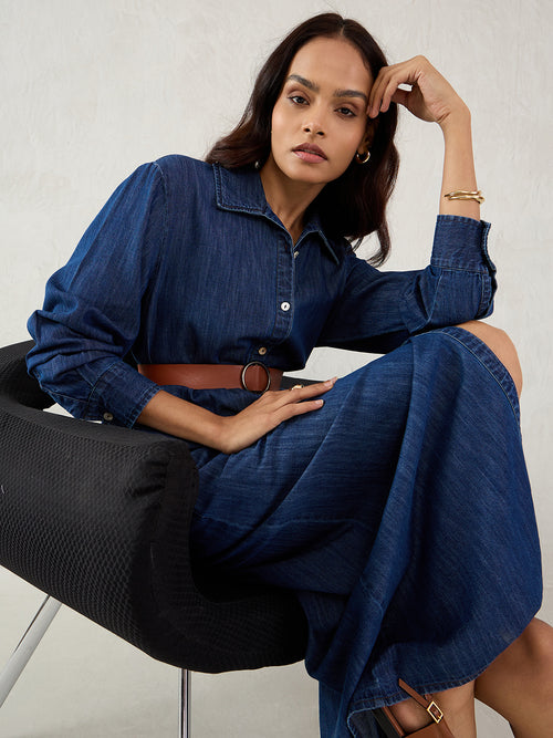 Dark Blue Denim Maxi Shirt Dress