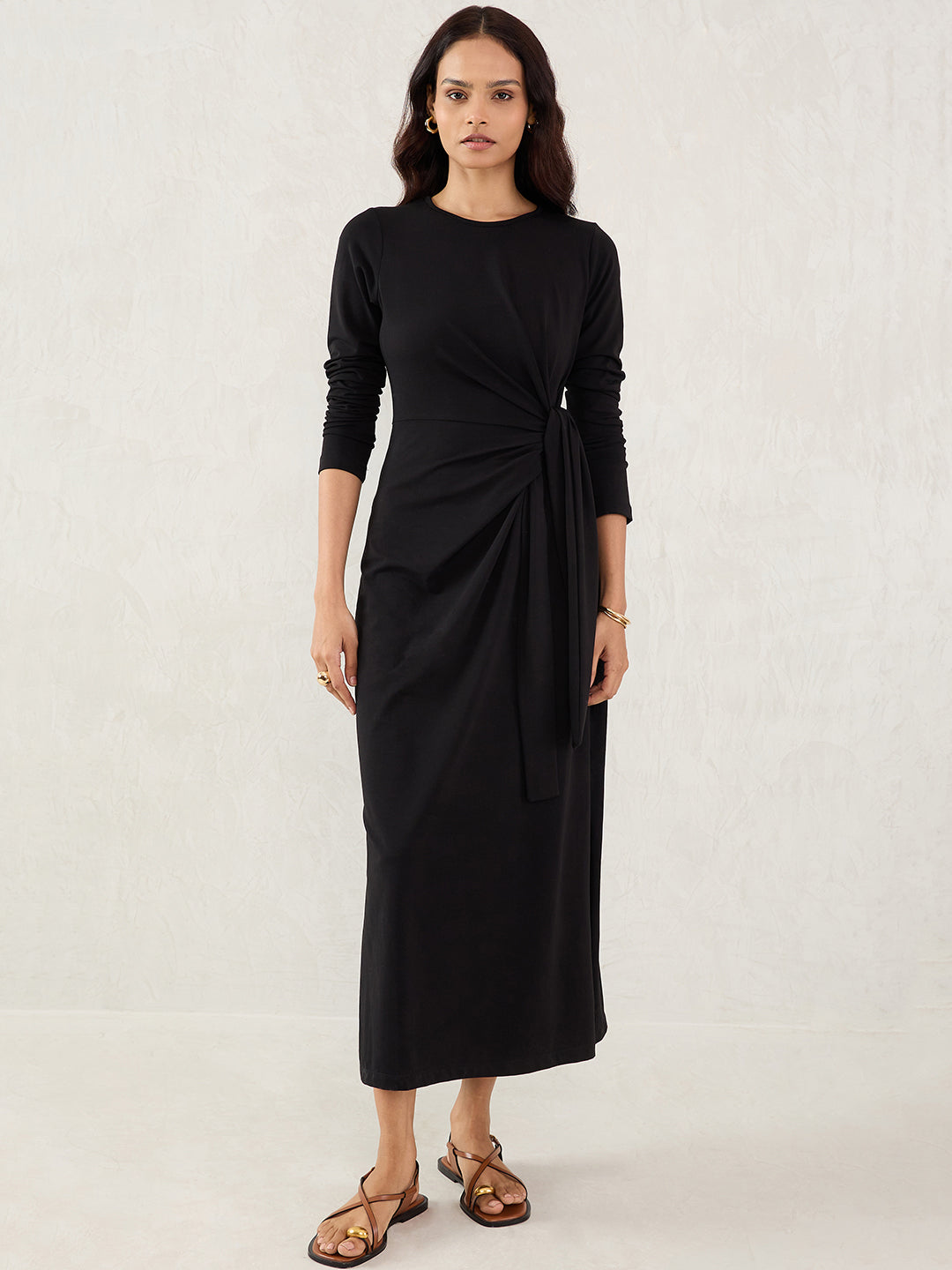 Black Cotton Knit Tie-Up Maxi Dress