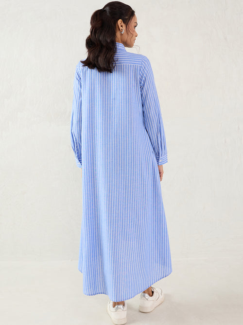 Blue Cotton Stripe Shirt Maxi Dress