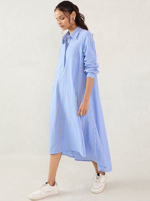 Blue Cotton Stripe Shirt Maxi Dress