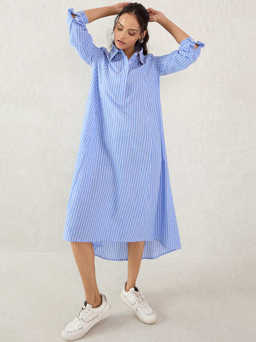 Blue Cotton Stripe Shirt Maxi Dress