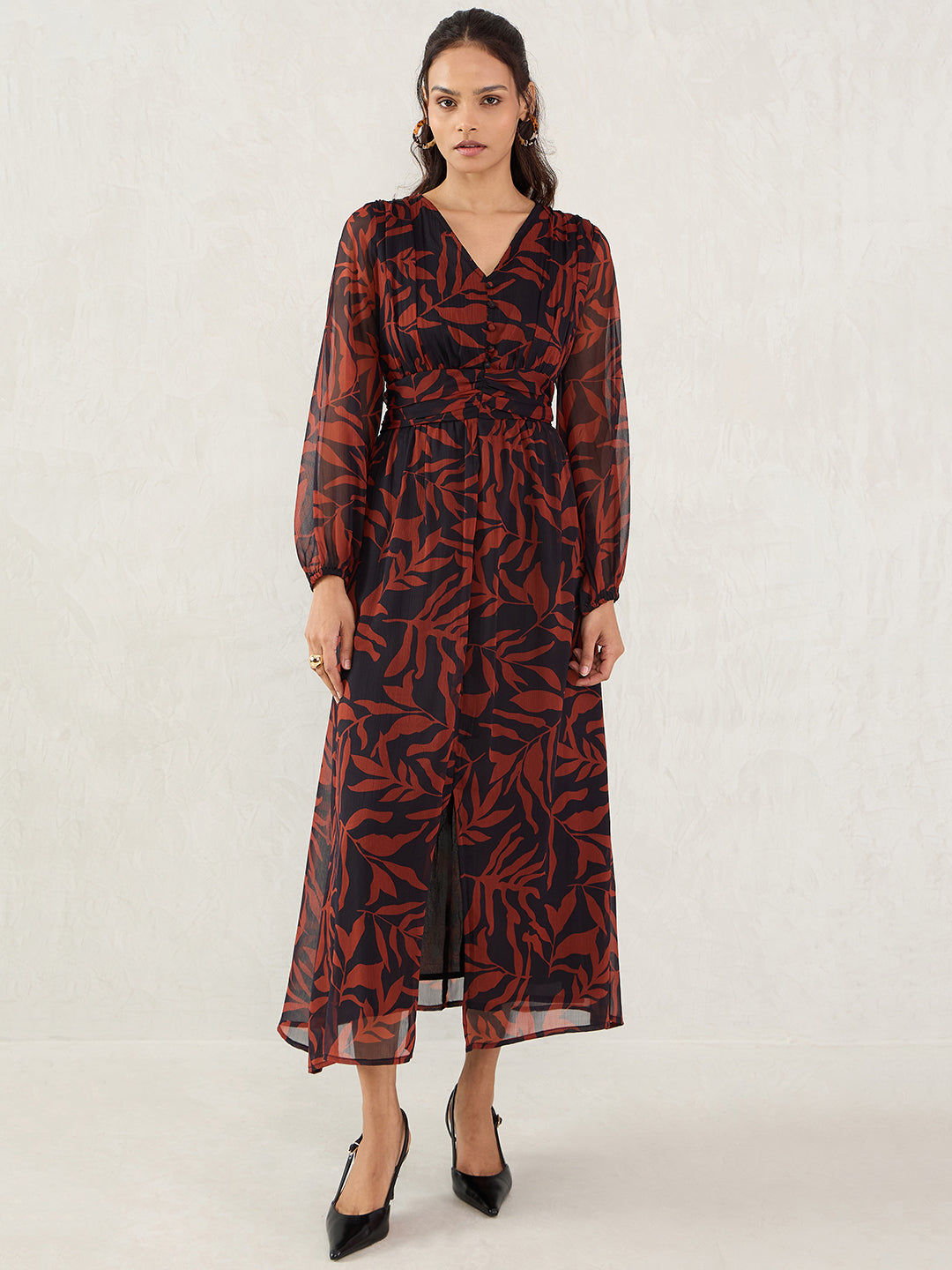 Black And Brown Leaf Print Maxi Dress