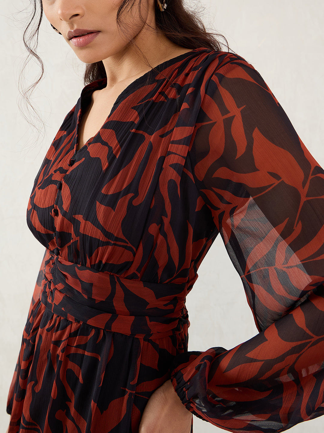 Black And Brown Leaf Print Maxi Dress