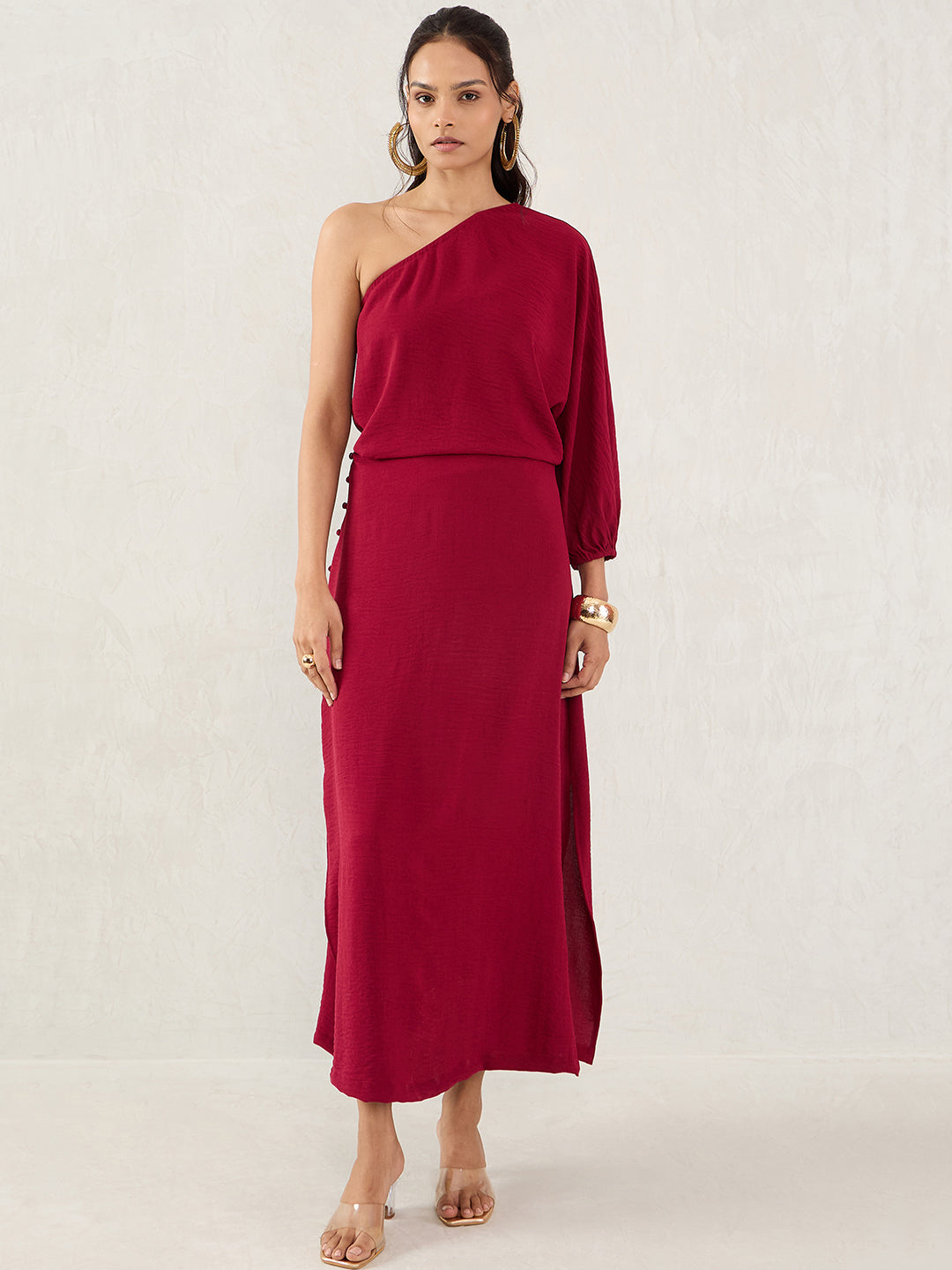 Maroon One Shoulder Skirt Co-Ord Set
