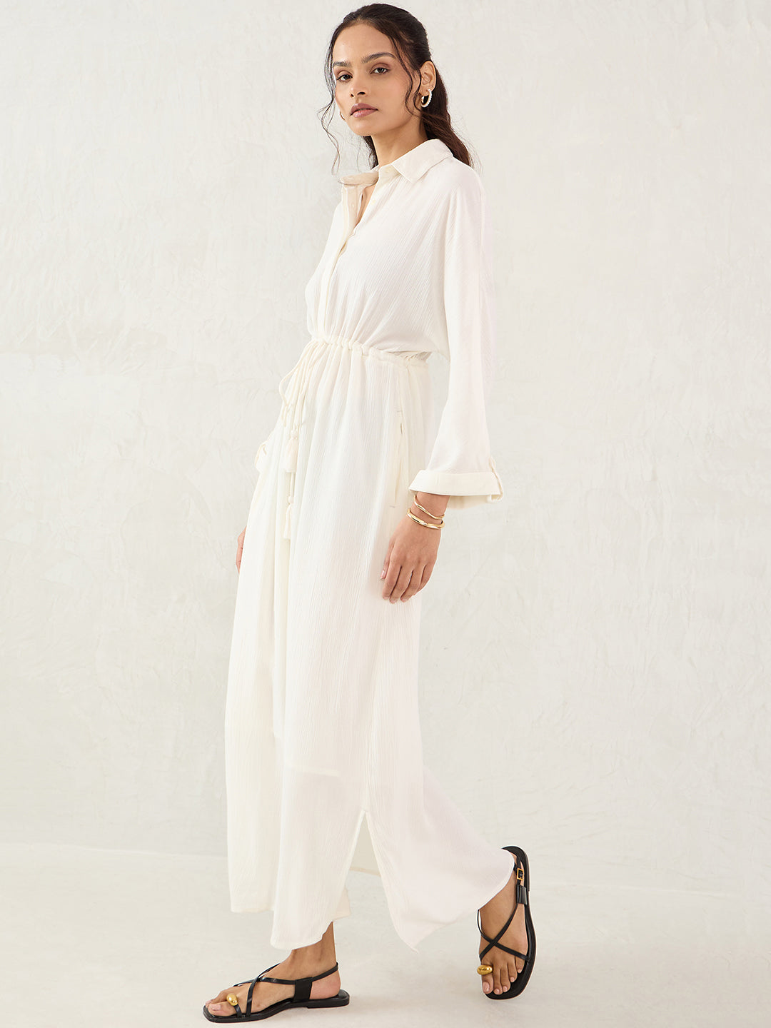 Off White Crinkled Shirt Maxi Dress