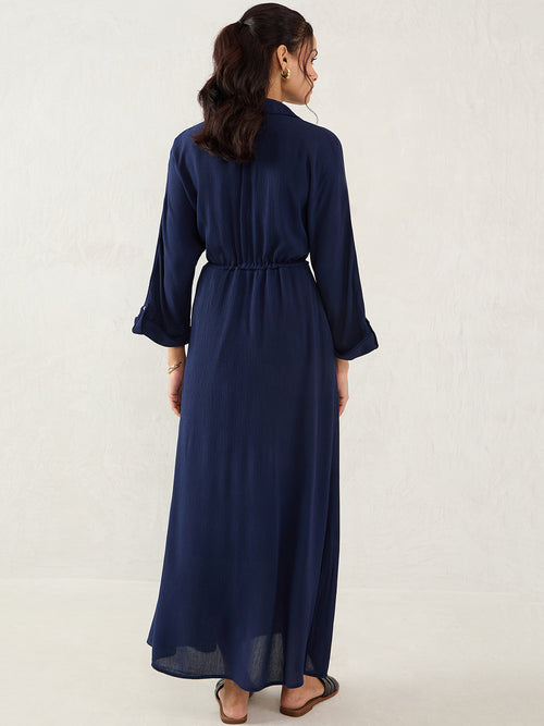 Midnight Blue Crinkled Shirt Maxi Dress