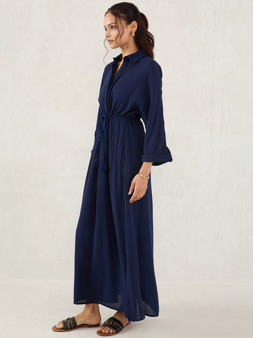 Midnight Blue Crinkled Shirt Maxi Dress