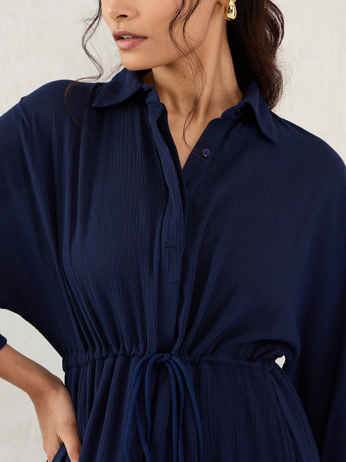 Midnight Blue Crinkled Shirt Maxi Dress