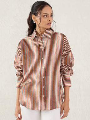 Brown And White Cotton Stripe Shirt
