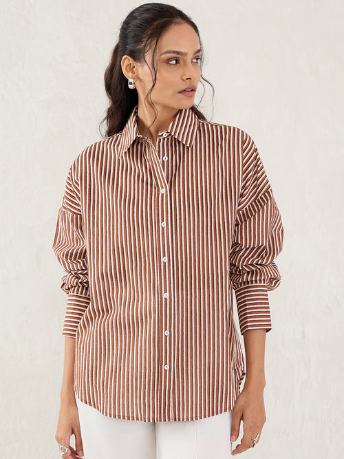 Brown And White Cotton Stripe Shirt