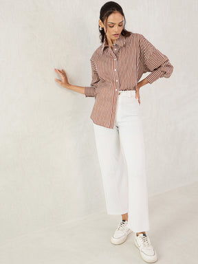 Brown And White Cotton Stripe Shirt