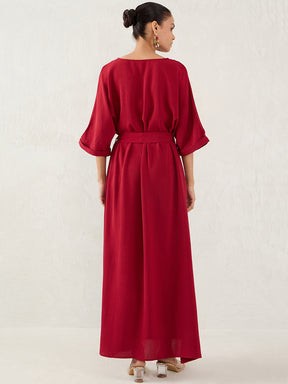 Maroon V-Neck Slit Detailed Maxi Dress