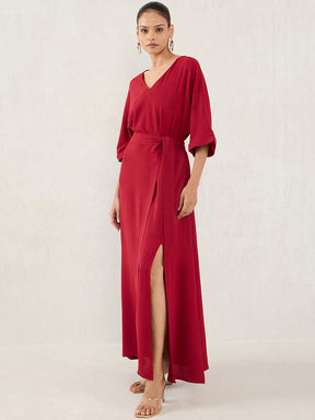 Maroon V-Neck Slit Detailed Maxi Dress