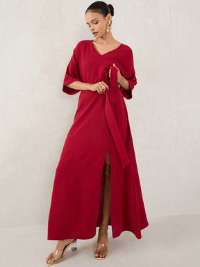 Maroon V-Neck Slit Detailed Maxi Dress