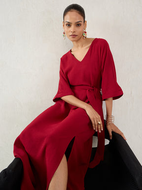 Maroon V-Neck Slit Detailed Maxi Dress