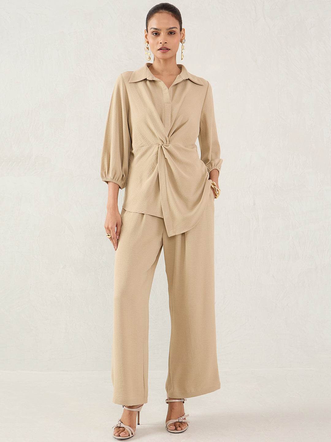 Beige Front Twist Co-Ord Set