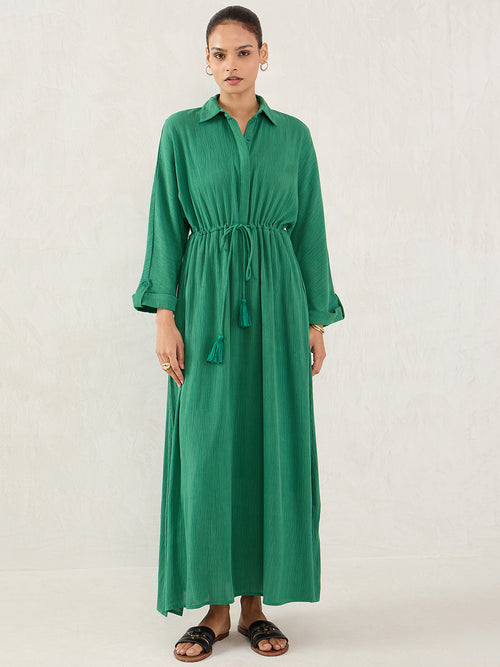 Green Crinkled Shirt Maxi Dress
