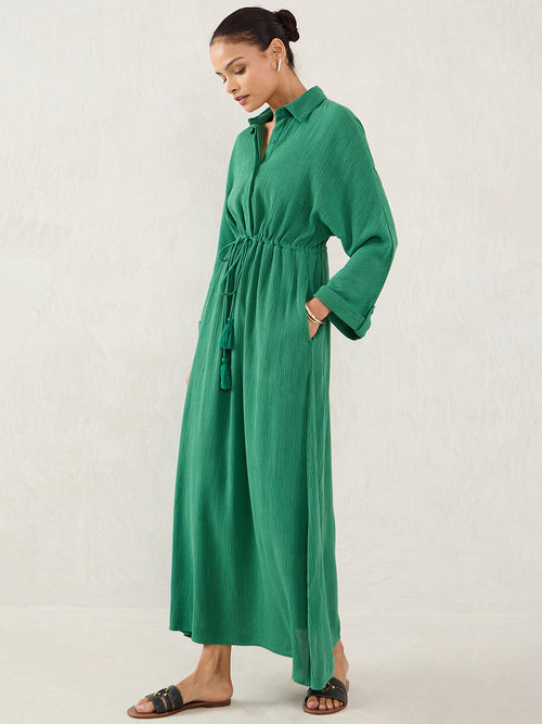 Green Crinkled Shirt Maxi Dress