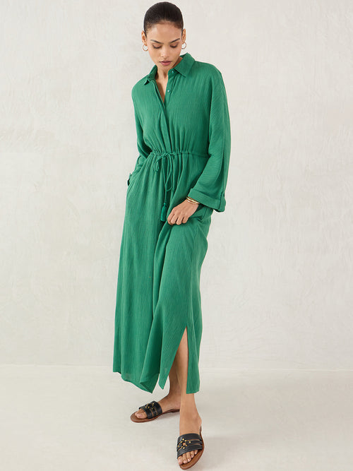 Green Crinkled Shirt Maxi Dress