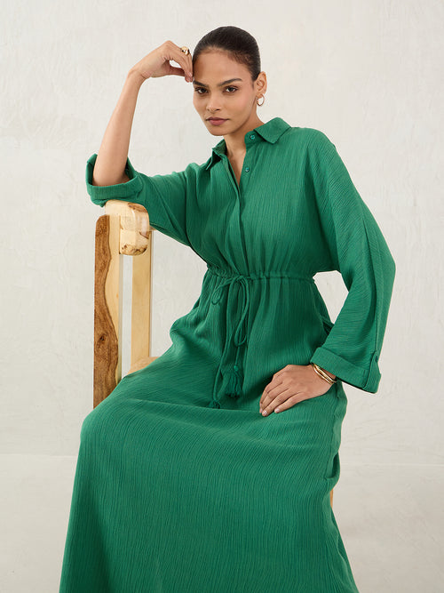 Green Crinkled Shirt Maxi Dress