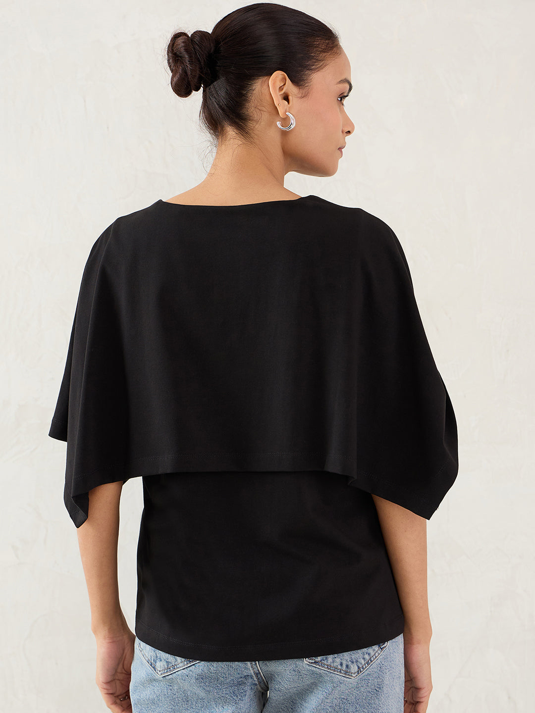 Black Cotton Knit Cape Top