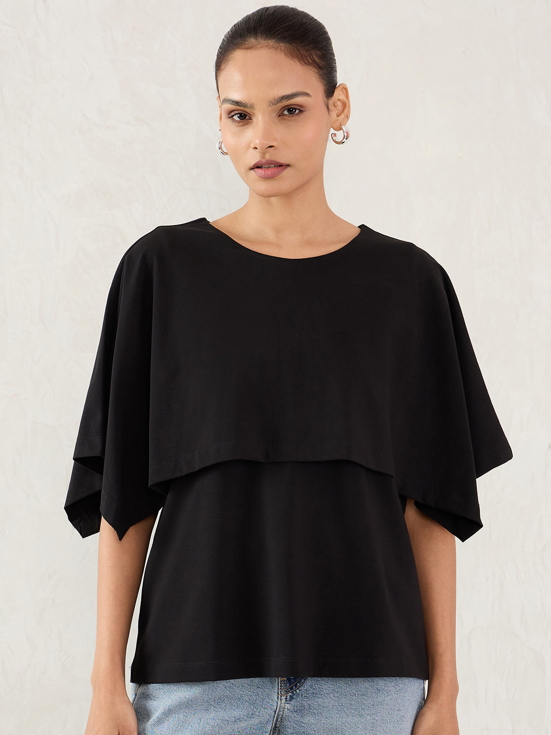 Black Cotton Knit Cape Top