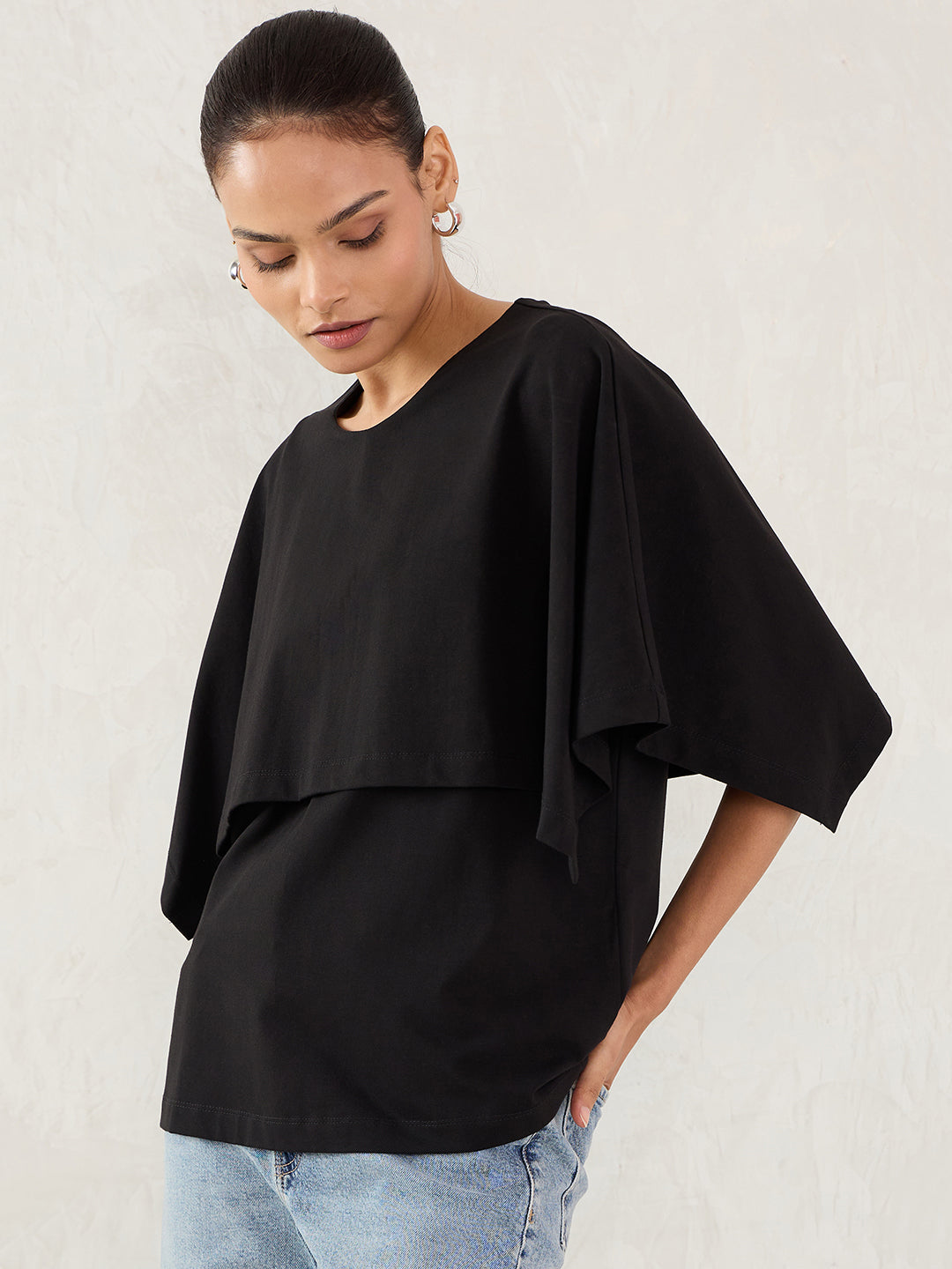 Black Cotton Knit Cape Top