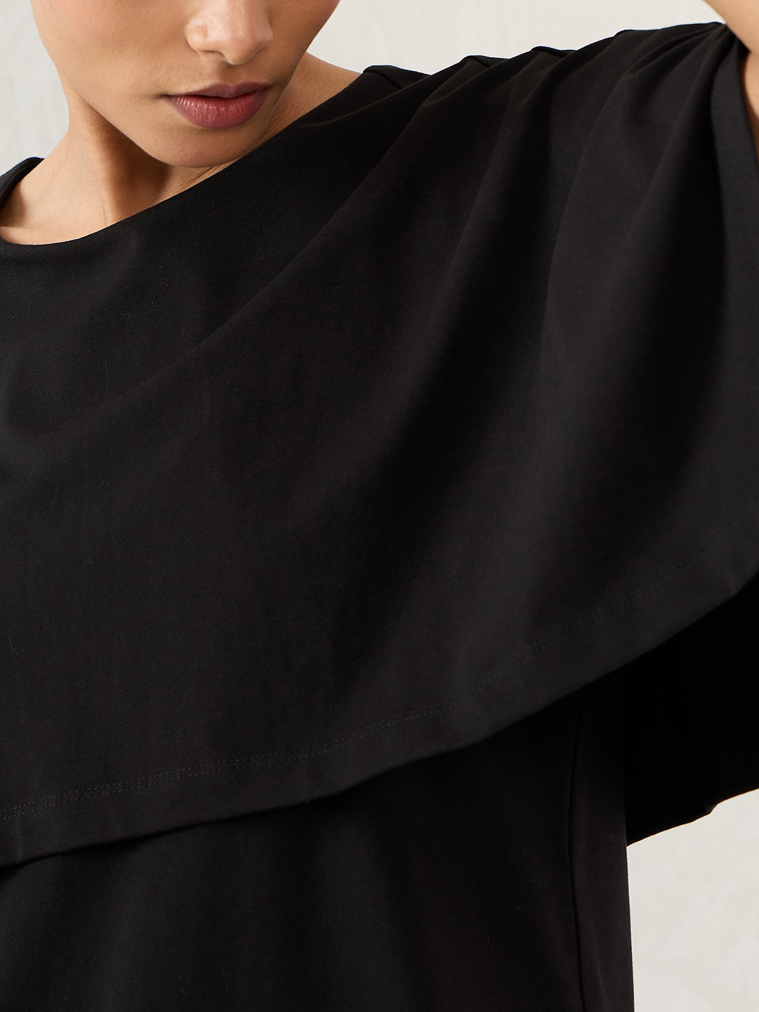 Black Cotton Knit Cape Top