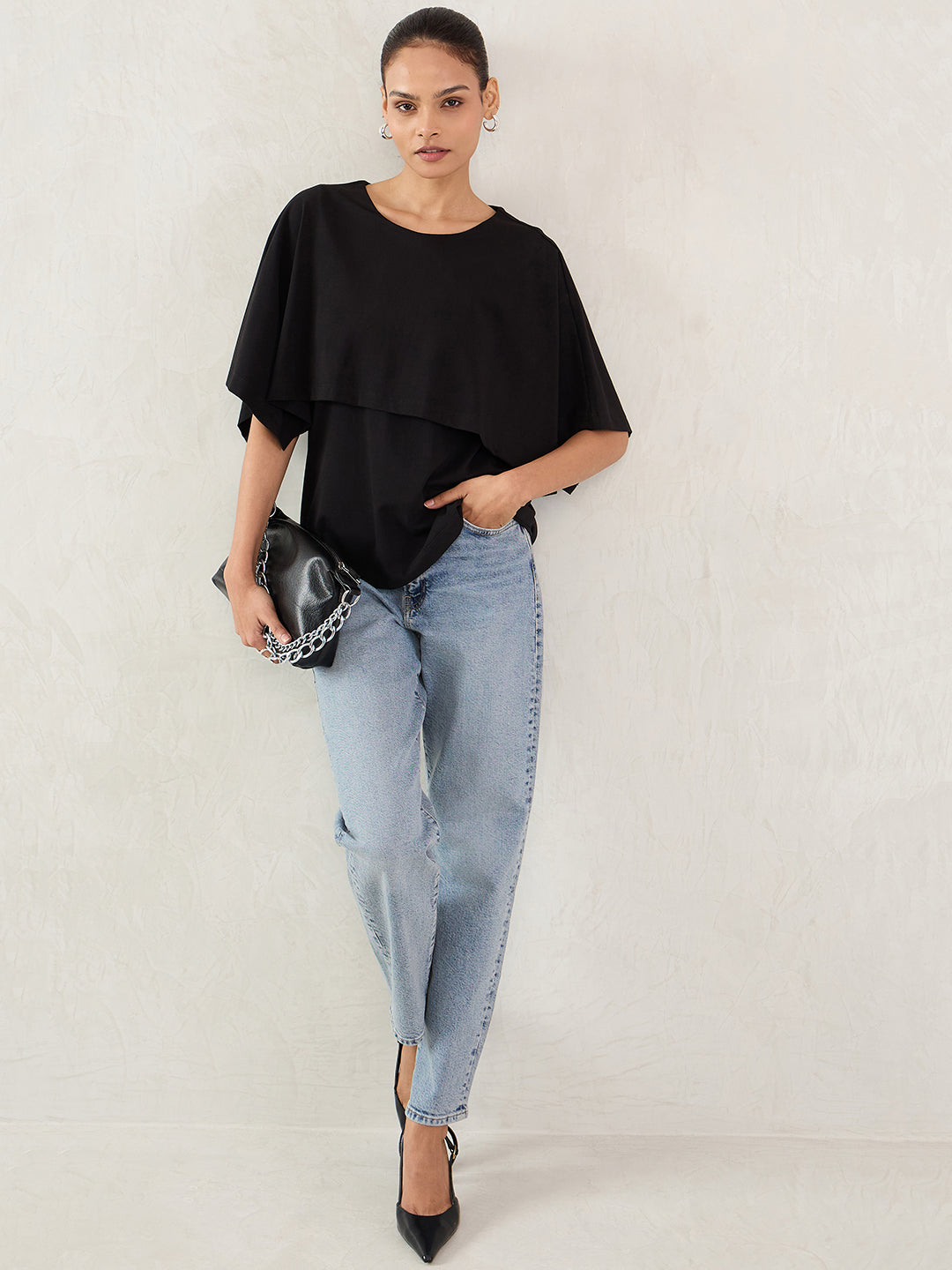 Black Cotton Knit Cape Top