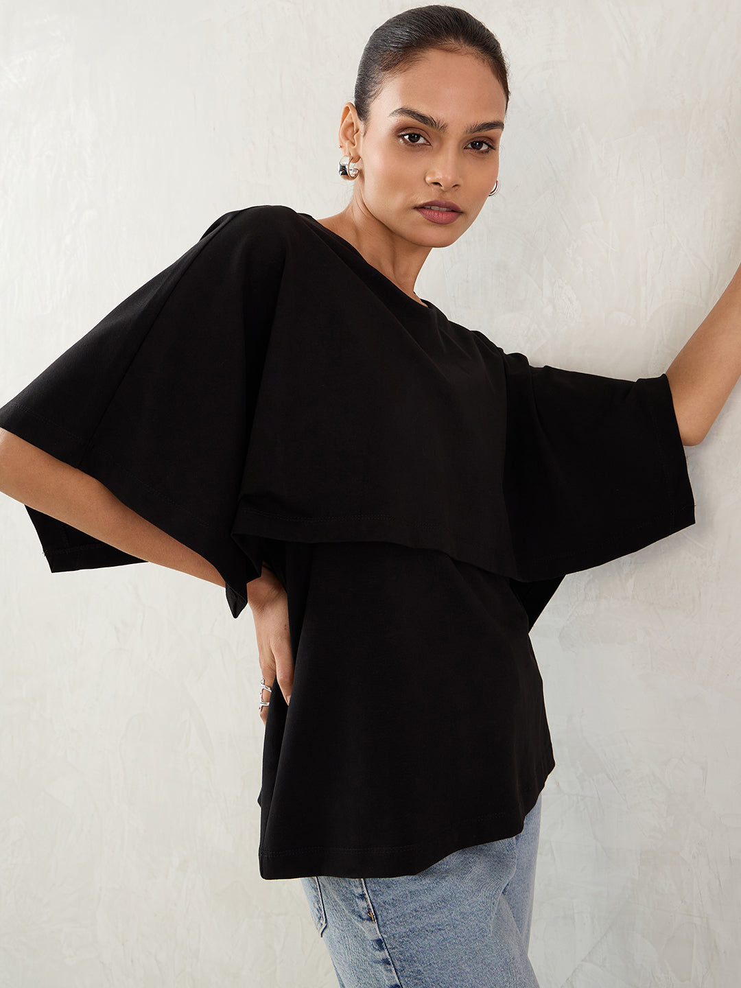 Black Cotton Knit Cape Top