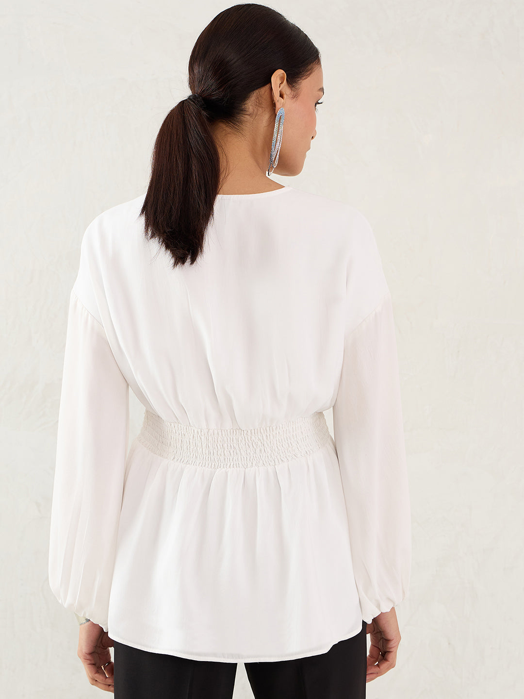 White Satin Wrap Cinched Waist Top