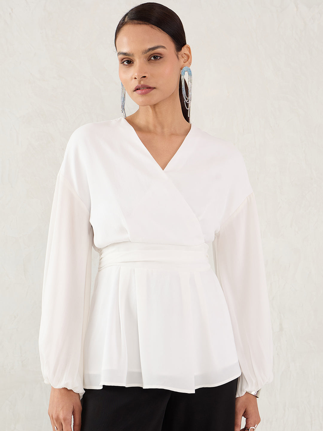 White Satin Wrap Cinched Waist Top