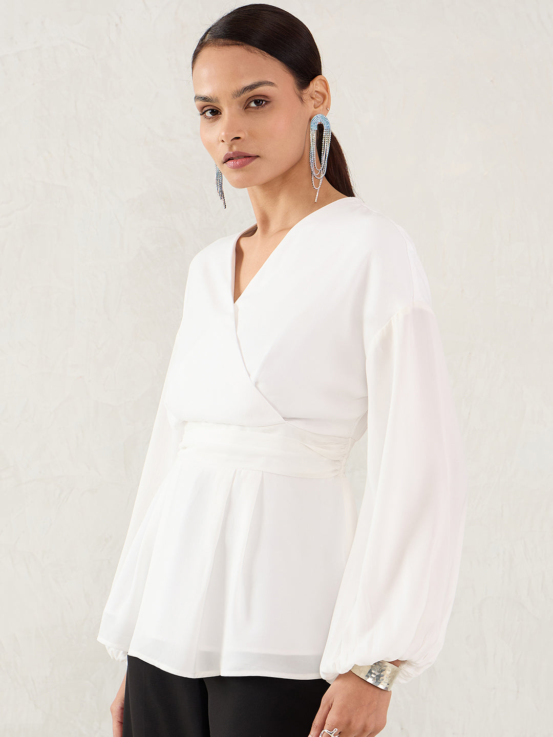 White Satin Wrap Cinched Waist Top