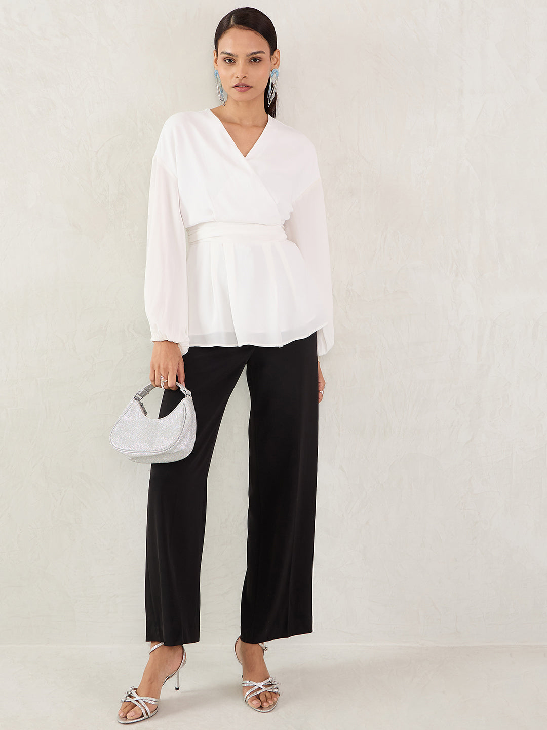 White Satin Wrap Cinched Waist Top