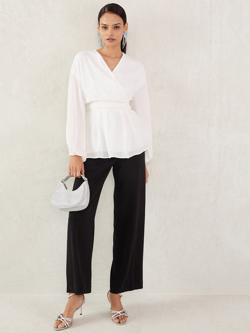 White Satin Wrap Cinched Waist Top