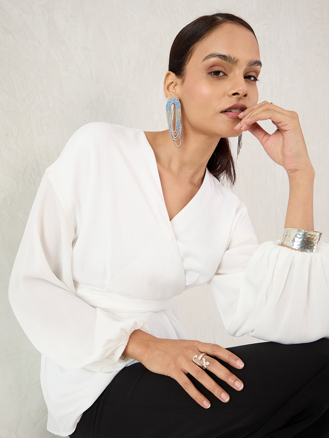 White Satin Wrap Cinched Waist Top