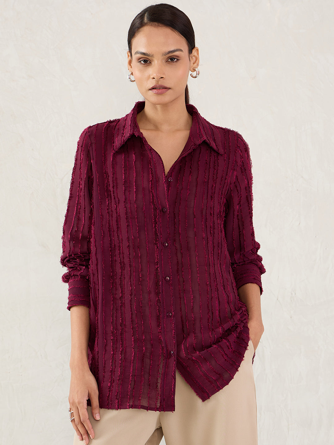 Wine Textured Button Down Shirt