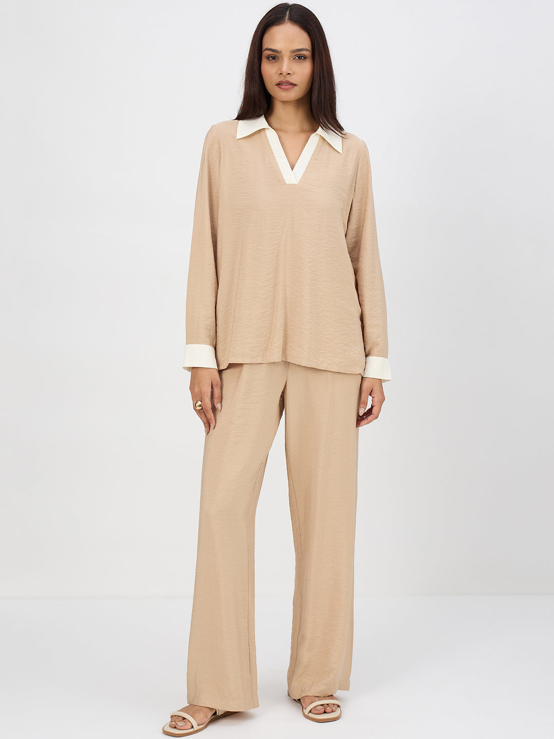 Beige & White Colorblock Co-Ord Set