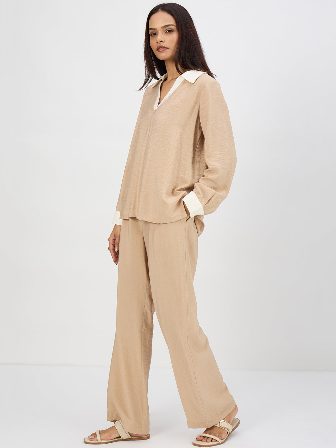 Beige & White Colorblock Co-Ord Set