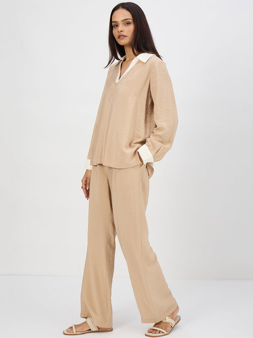 Beige & White Colorblock Co-Ord Set