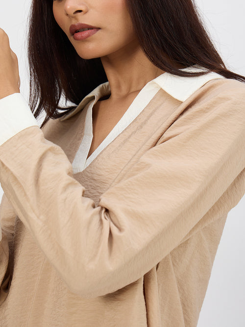 Beige & White Colorblock Co-Ord Set