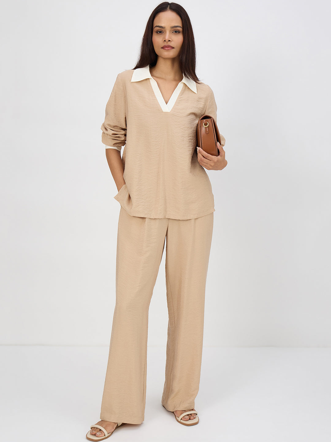 Beige & White Colorblock Co-Ord Set