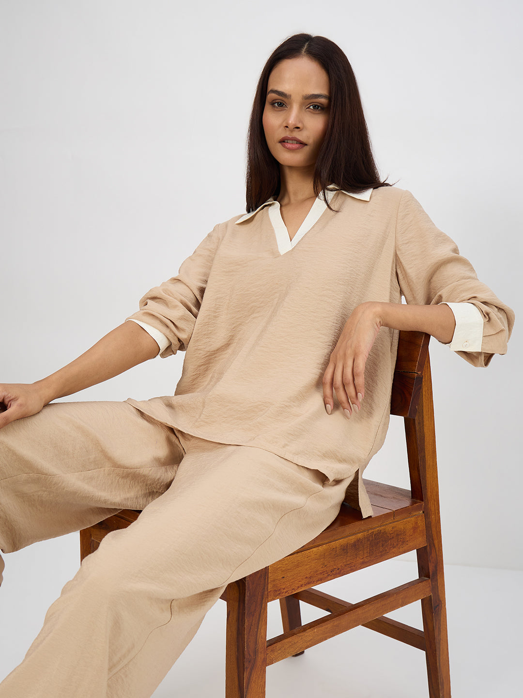 Beige & White Colorblock Co-Ord Set