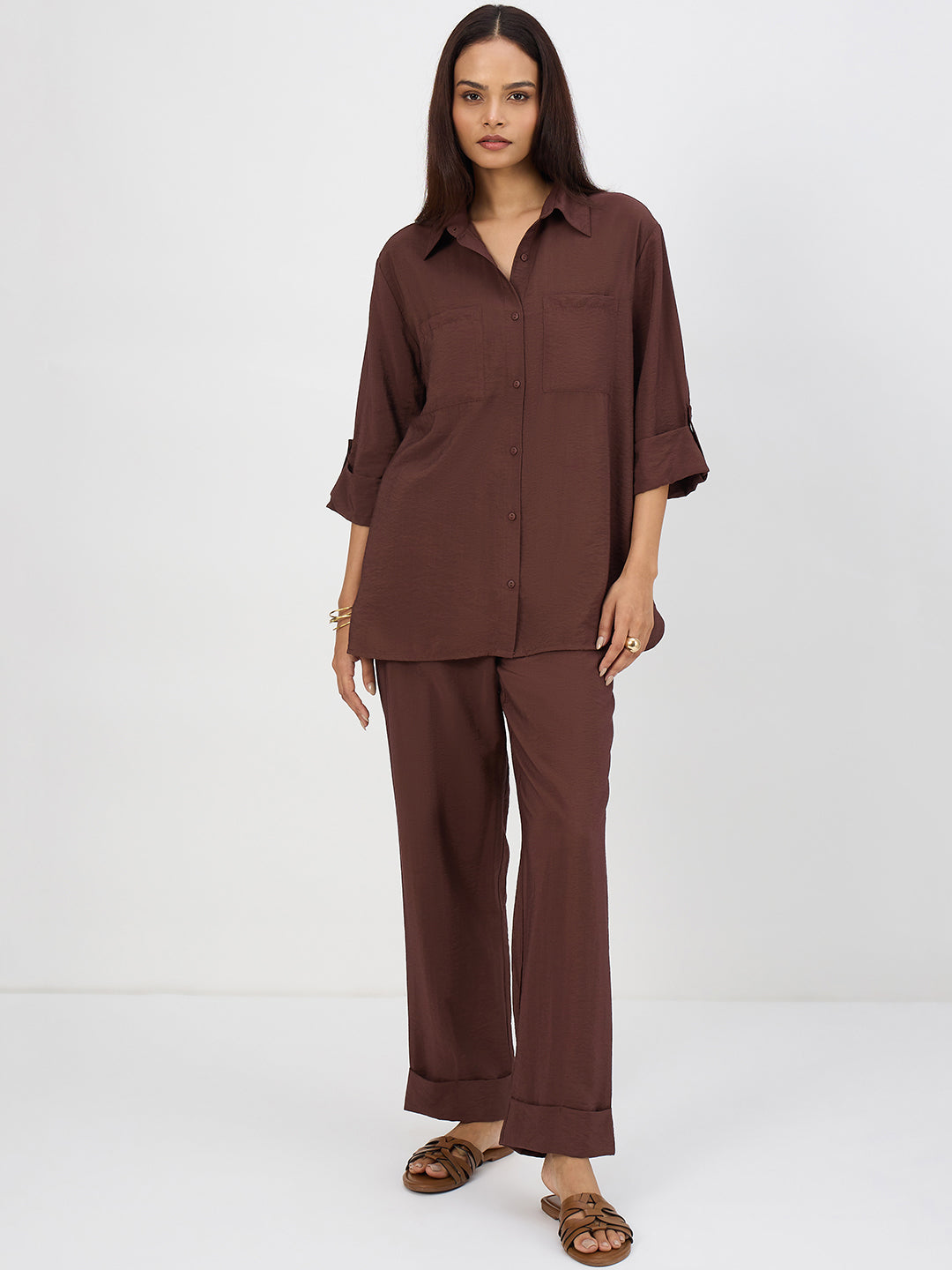 Coffee Brown Dual Pocket Shirt Co-Ord