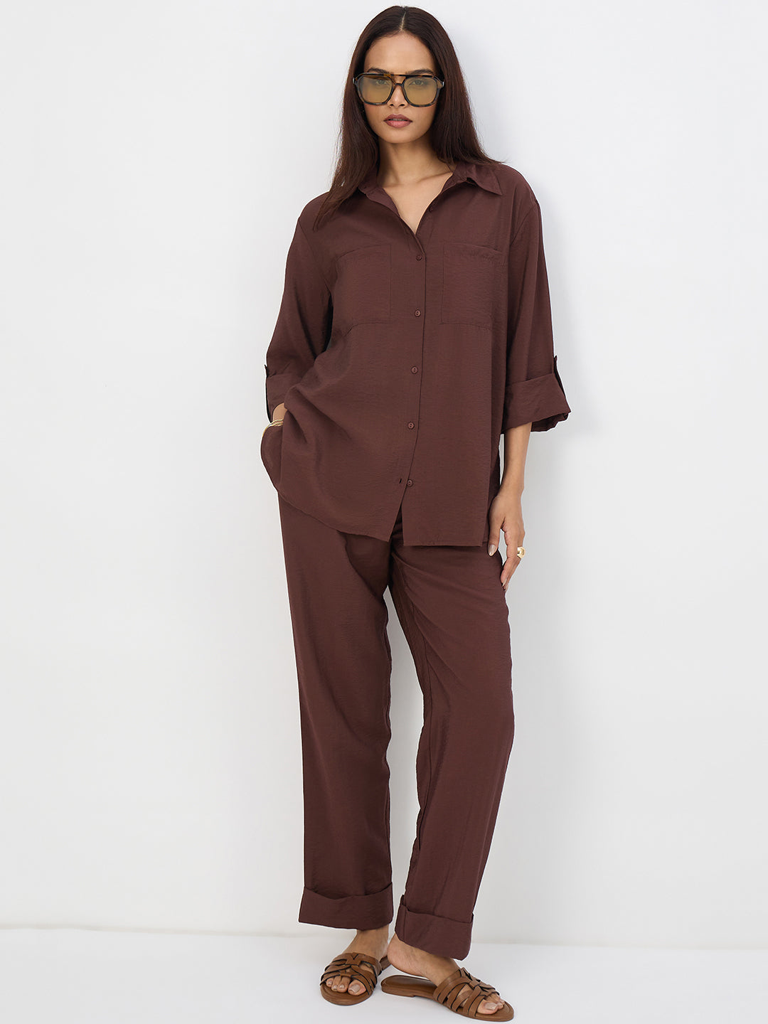 Coffee Brown Dual Pocket Shirt Co-Ord